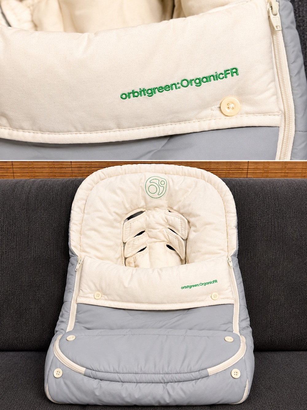Orbit Green Organic FR Infant Footmuff - Cream & Light Gray